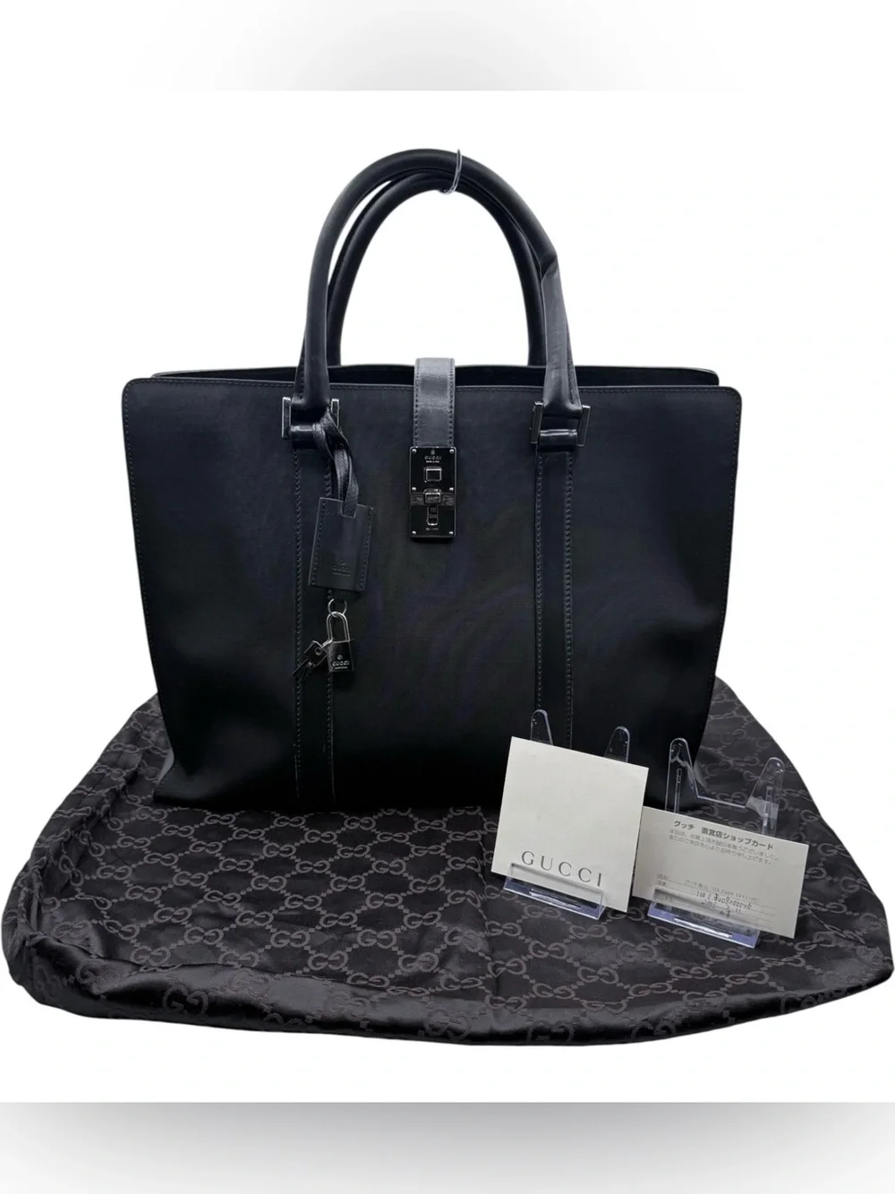 Gucci Black Leather Briefcase with Top Handles and Lock